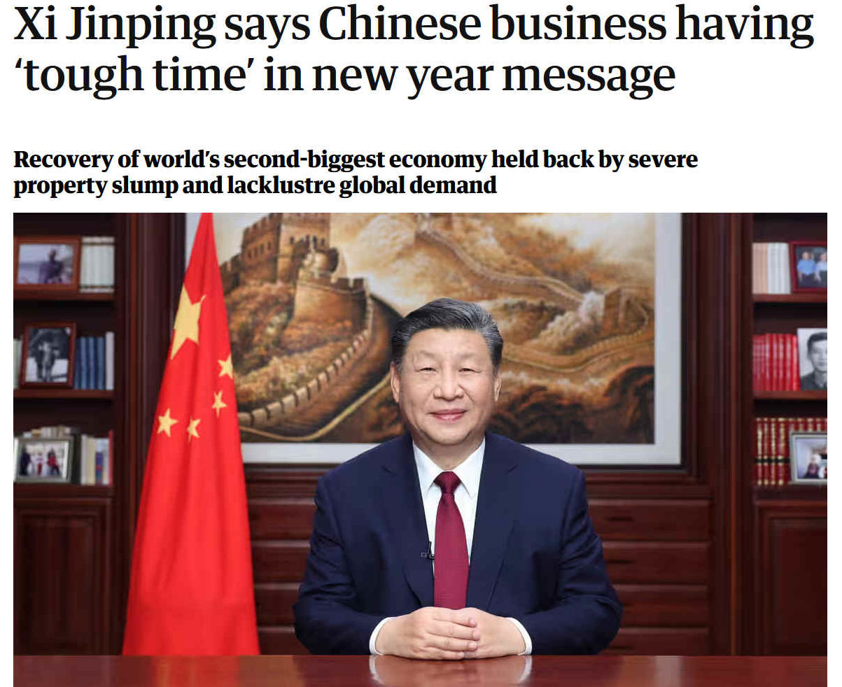 Chinas president, Xi Jinping, acknowledged in his new years message that some enterprises had a tough time in 2023 as data showed a weakening of factory production deepened this month, but he vowed to step up the pace of the economys recovery.