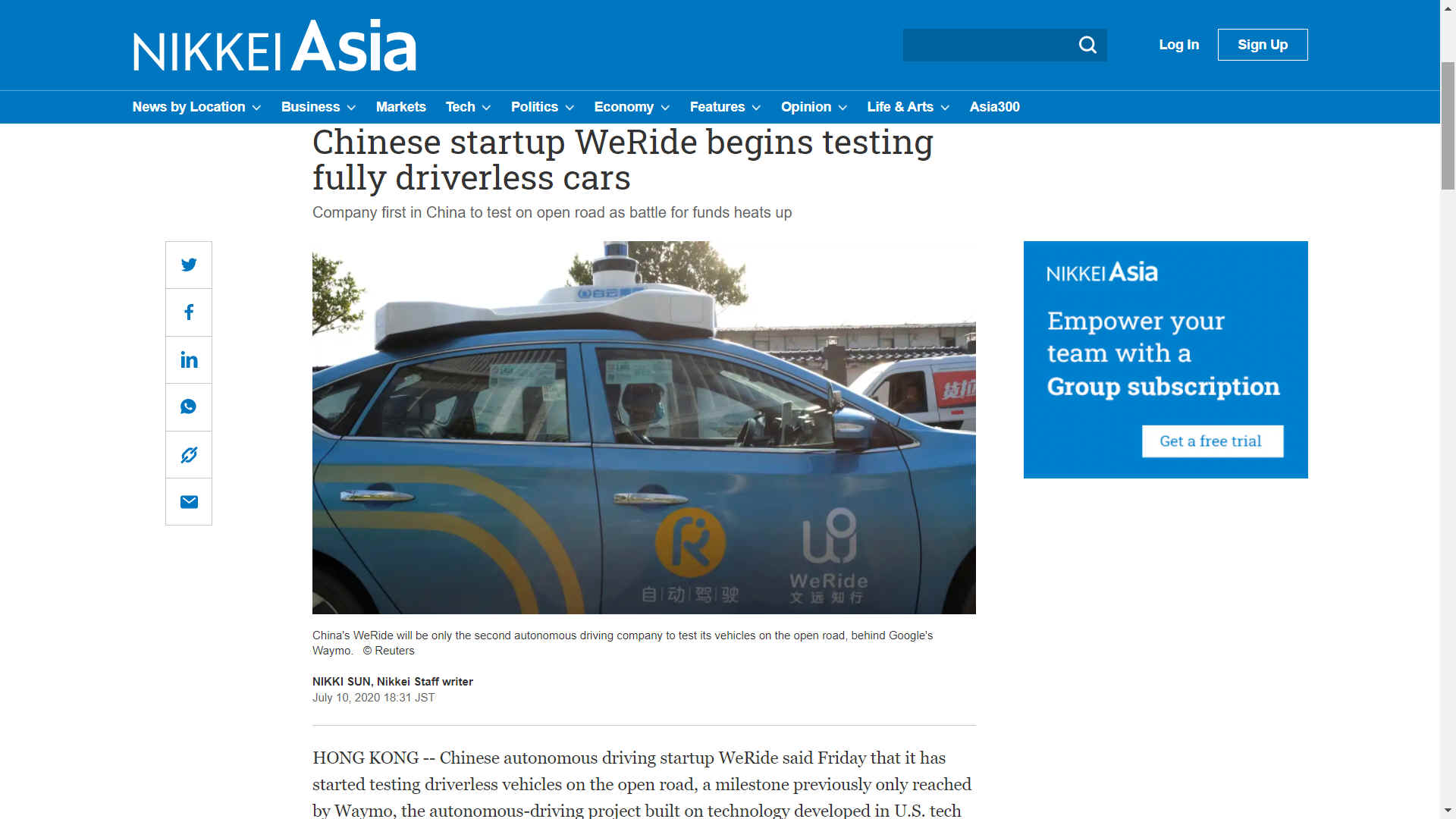 Chinese startup WeRide begins testing fully driverless cars