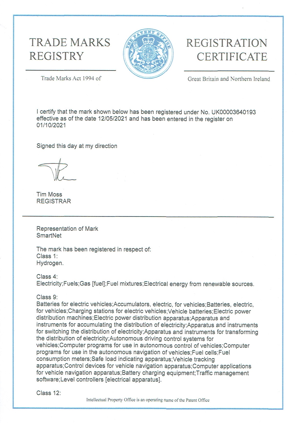 Certificate of Grant of Trademark for SmartNet hydrogen battery service stations